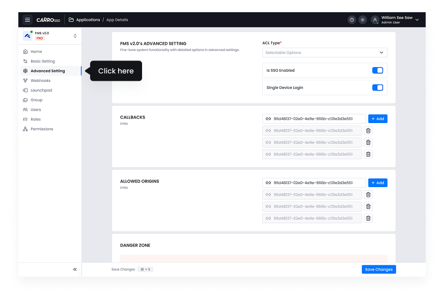SSO Dashboard - Advanced Settings