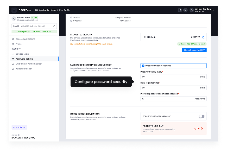 SSO Dashboard - Configure Password
Security