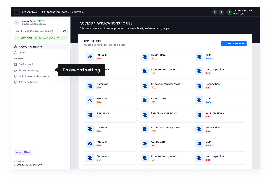 SSO Dashboard - Password Settings
Menu