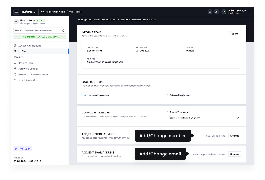 SSO Dashboard - Where to Change Phone Number and
Email